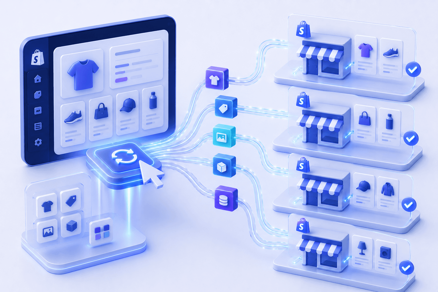 DS Multistore Product Upload Shopify app syncing products, variants, and inventory between multiple Shopify stores