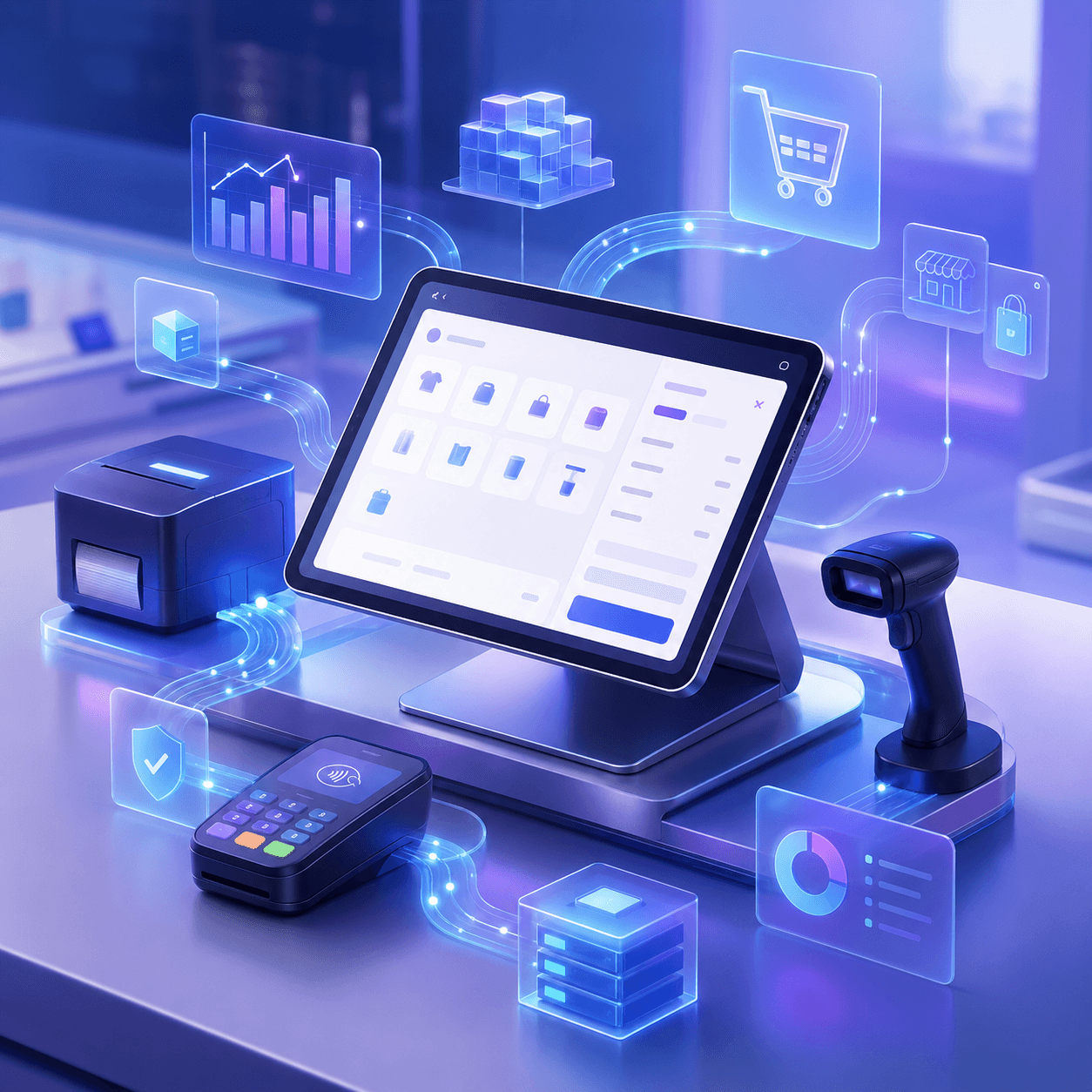 Abstract visualization of connected retail systems: POS, payments, and inventory data flow
